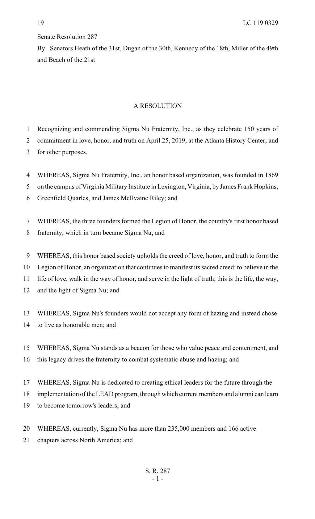 Senate Resolution 287 By: Senators Heath of the 31St, Dugan of the 30Th, Kennedy of the 18Th, Miller of the 49Th and Beach of the 21St