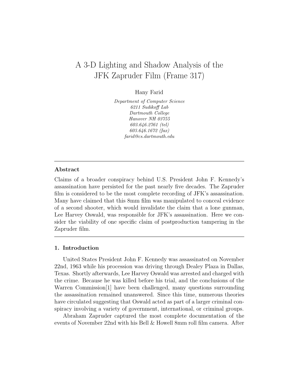 A 3-D Lighting and Shadow Analysis of the JFK Zapruder Film (Frame 317)