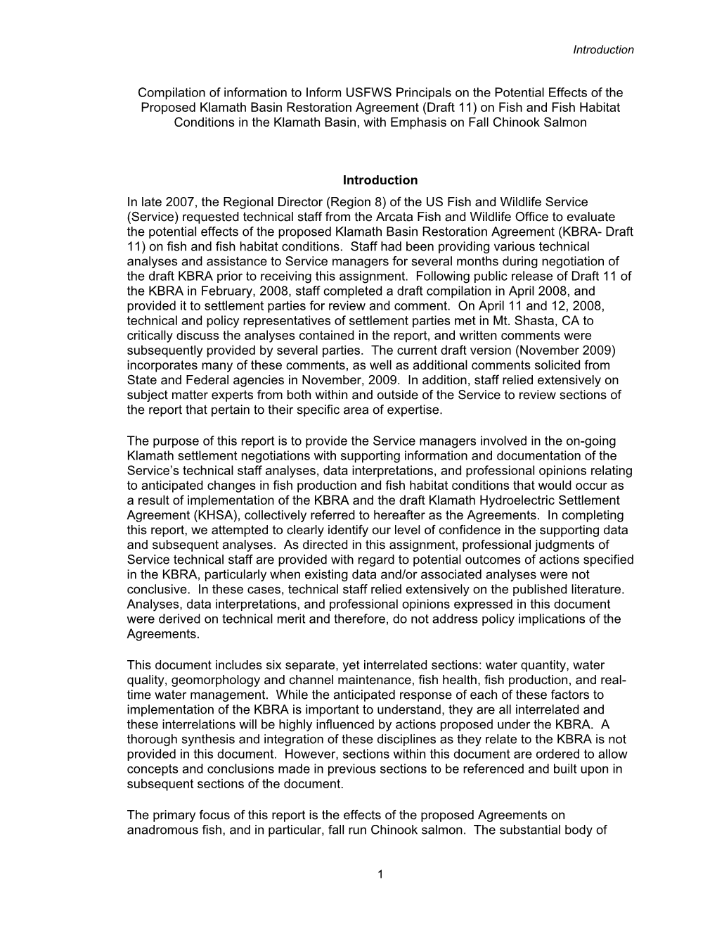 Compilation of Information to Inform USFWS Principals on the Potential Effects of the Proposed Klamath Basin Restoration Agreeme