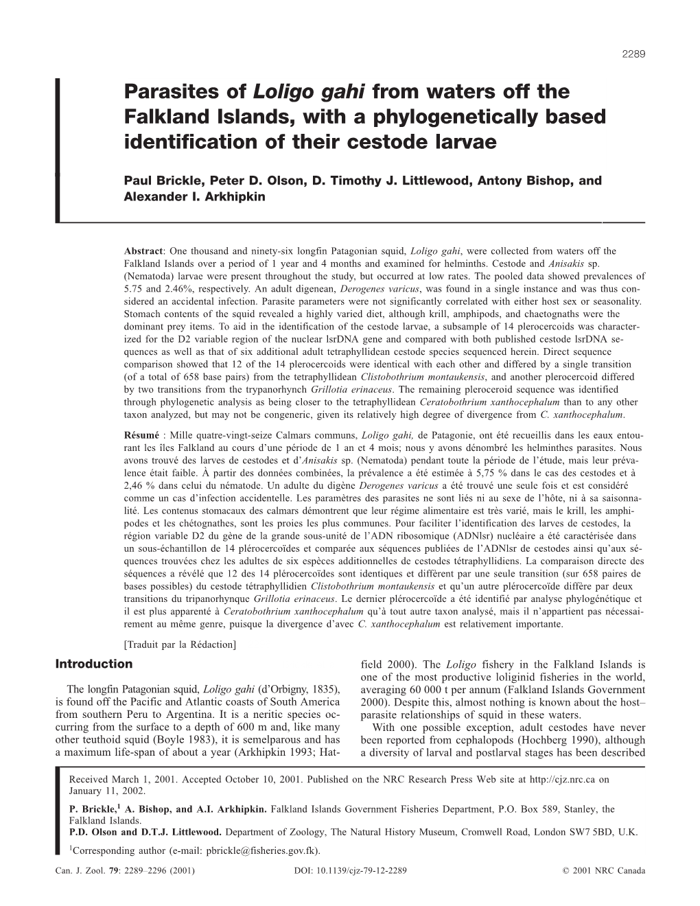 Parasites of Loligo Gahi from Waters Off the Falkland Islands, with a Phylogenetically Based Identification of Their Cestode Larvae