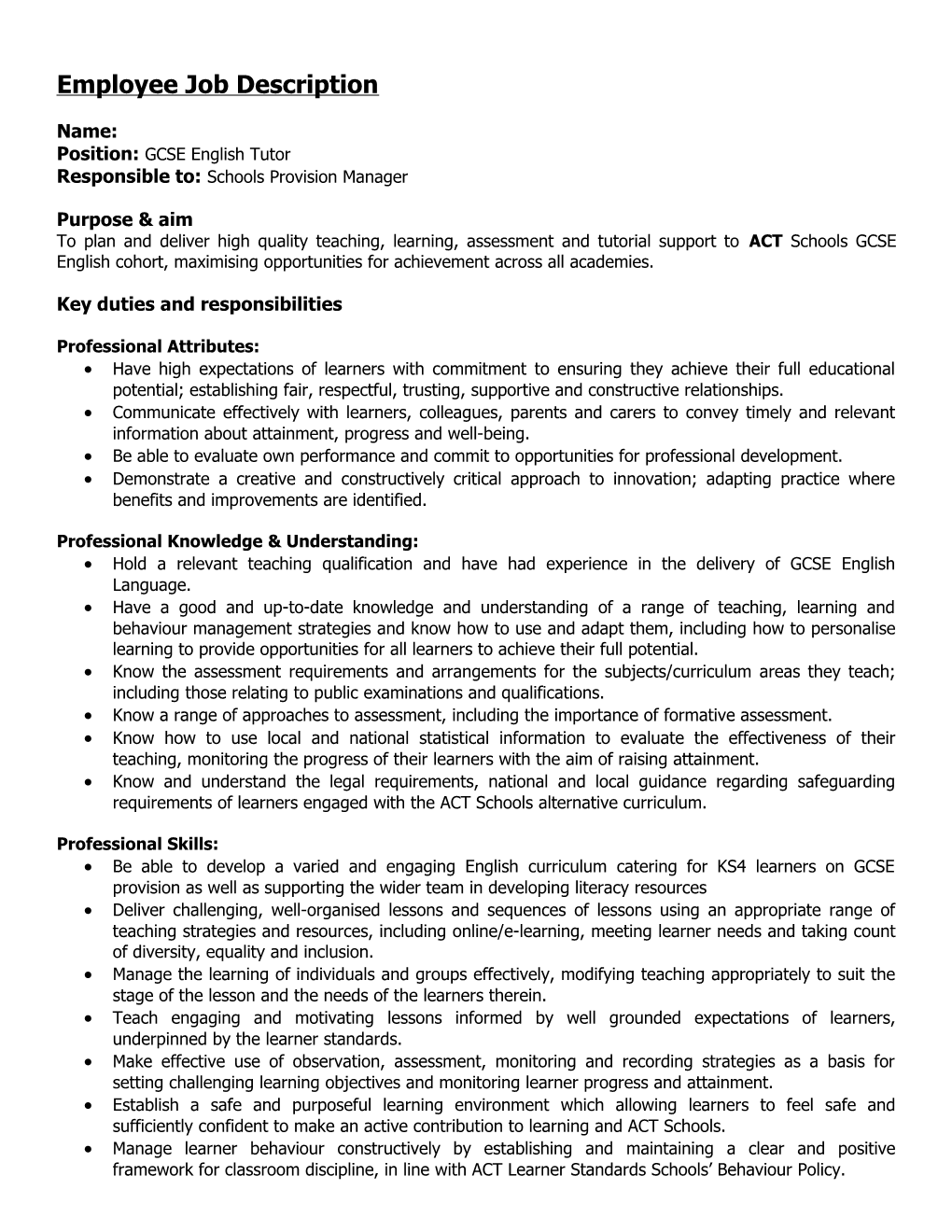 Act Job Specification