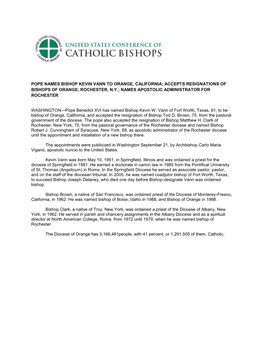 Pope Names Bishop Kevin Vann to Orange, California; Accepts Resignations of Bishops of Orange, Rochester, N.Y.; Names Apostolic Administrator for Rochester