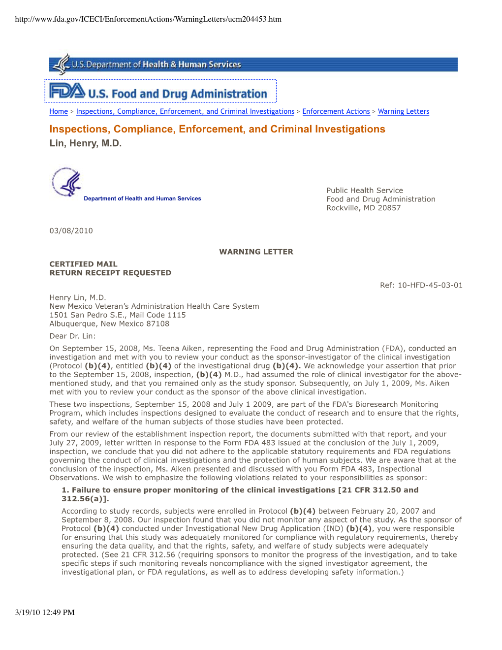 FDA Warning Letter to Henry Lin, M.D. 2010-03-08