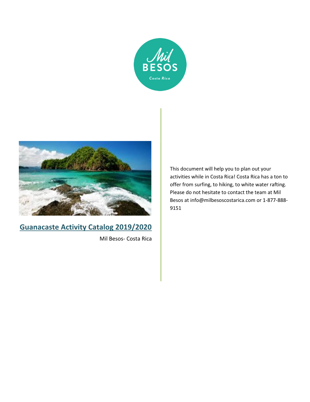 Guanacaste Activity Catalog 2019/2020 Mil Besos- Costa Rica