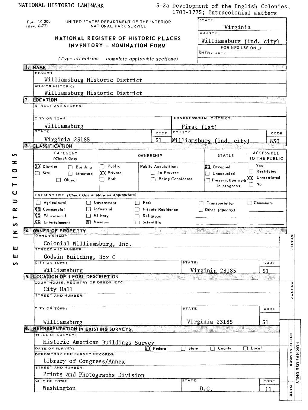 NATIONAL REGISTER of HISTORIC PLACES INVENTORY -- NOMINATION FORM Williamsburg Historic District