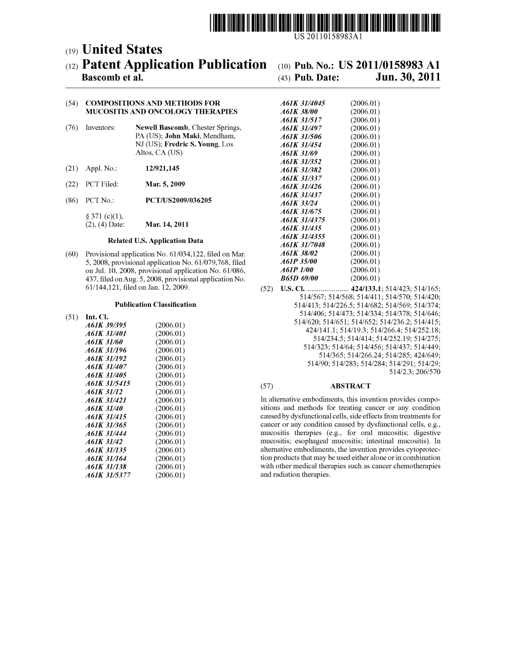 (12) Patent Application Publication (10) Pub. No.: US 2011/0158983 A1 Bascomb Et Al