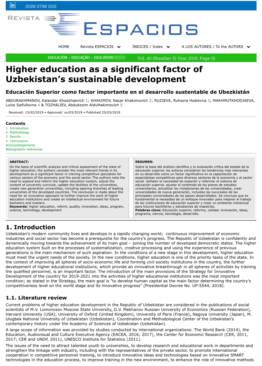 Higher Education As a Significant Factor of Uzbekistan's Sustainable