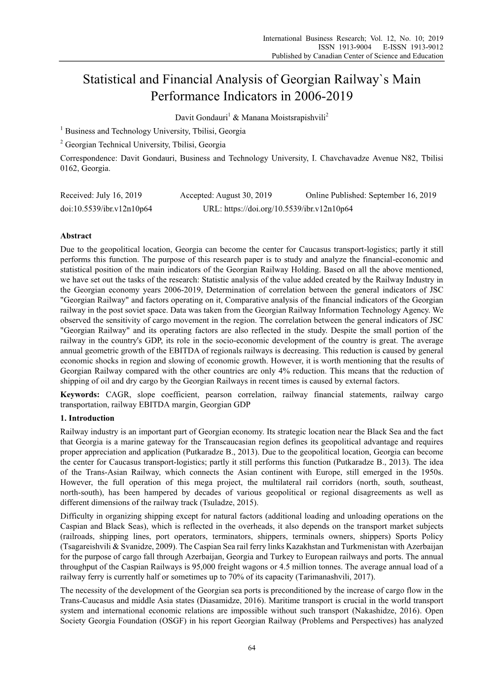 Statistical and Financial Analysis of Georgian Railway`S Main Performance Indicators in 2006-2019