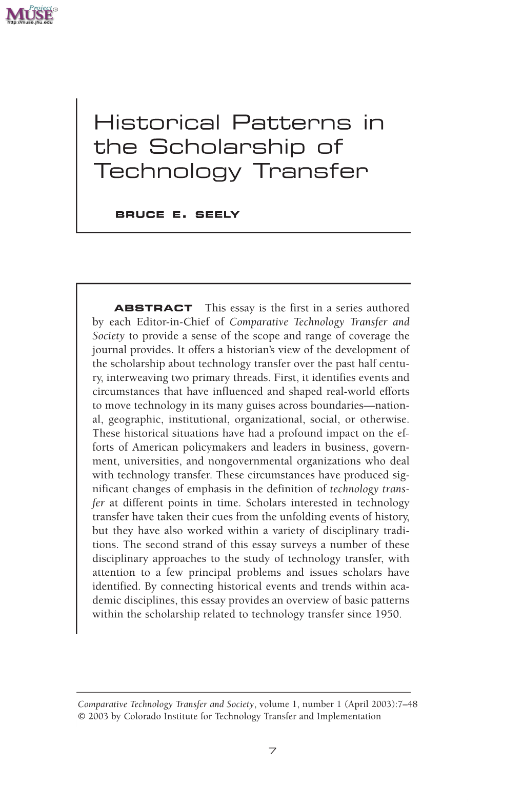 Historical Patterns in the Scholarship of Technology Transfer