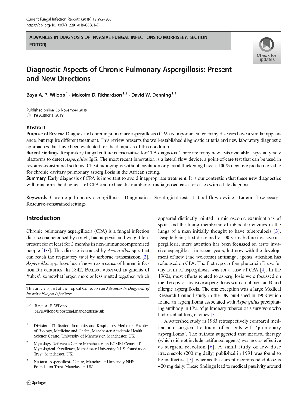 Diagnostic Aspects of Chronic Pulmonary Aspergillosis: Present and New Directions