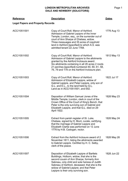 LONDON METROPOLITAN ARCHIVES DALE and NEWBERY {SOLICITORS} ACC/1051 Page 1 Reference Description Dates Legal Papers and Property