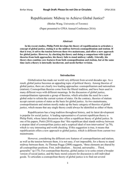 Republicanism: Midway to Achieve Global Justice? (Binfan Wang, University of Toronto) (Paper Presented to CPSA Annual Conference 2016)