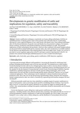 Developments in Genetic Modification of Cattle and Implications for Regulation, Safety and Traceability Jan Pieter VAN DER BERG ()1, Gijs A