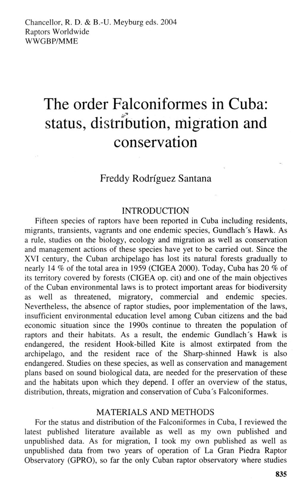 The Order Falconiformes in Cuba: Status, Distribution, Migration and Conservation