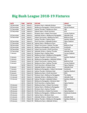 Big Bash League 2018-19 Fixtures
