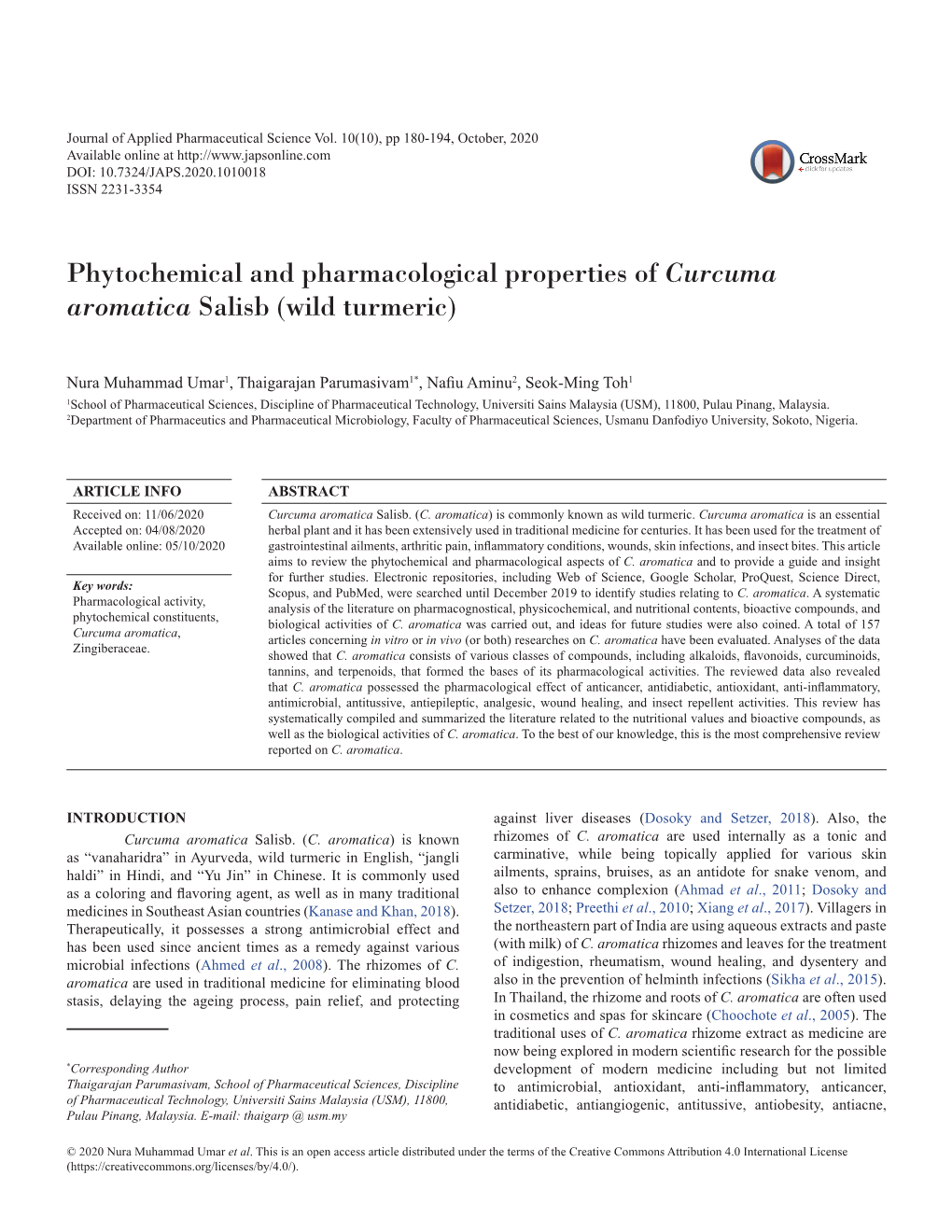 Phytochemical and Pharmacological Properties of Curcuma Aromatica Salisb (Wild Turmeric)