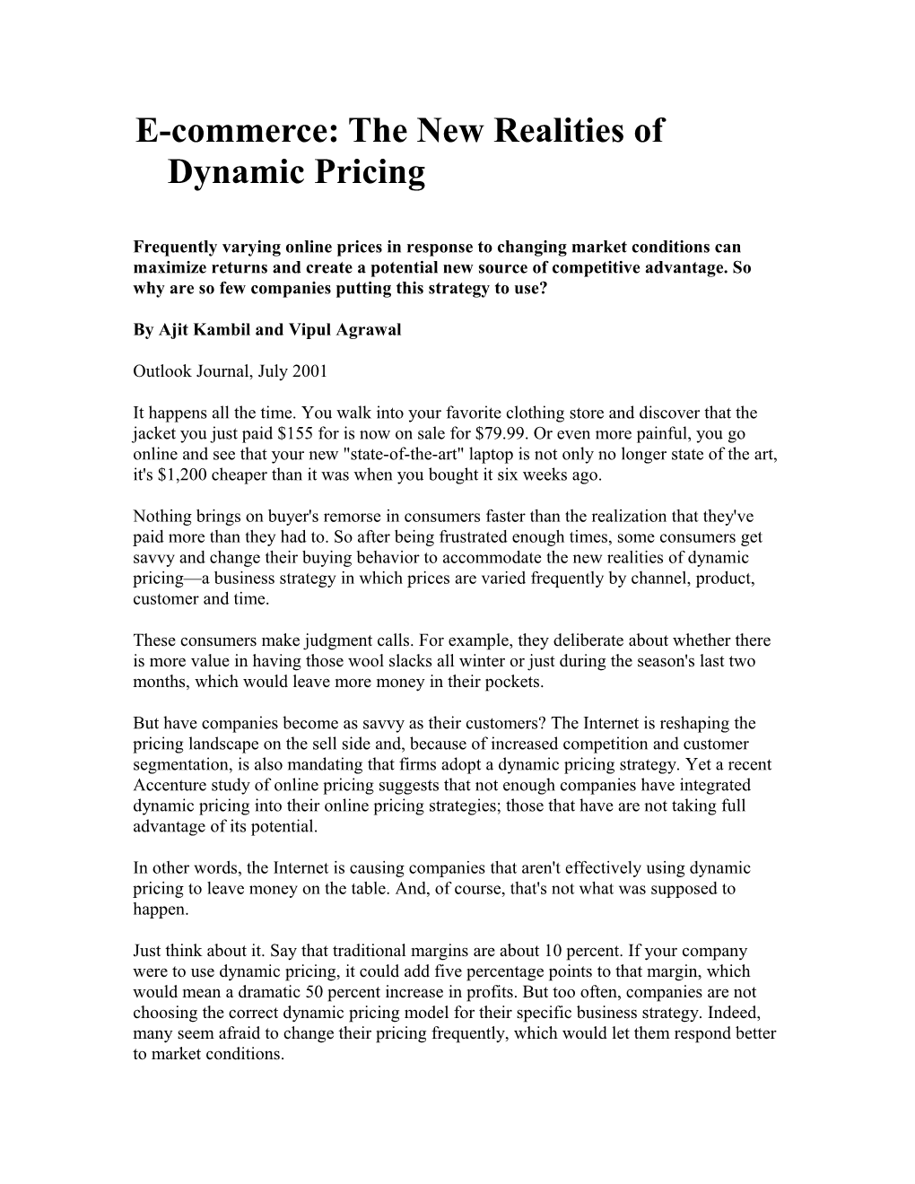 E-Commerce: the New Realities of Dynamic Pricing