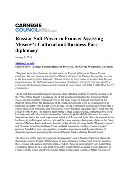 Russian Soft Power in France: Assessing Moscow's Cultural and Business Para- Diplomacy