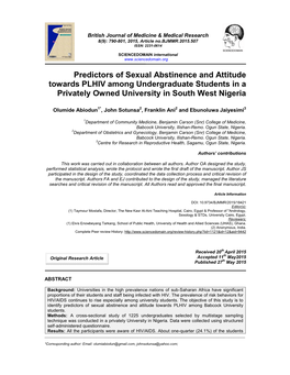 Predictors of Sexual Abstinence and Attitude Towards PLHIV Among Undergraduate Students in a Privately Owned University in South West Nigeria