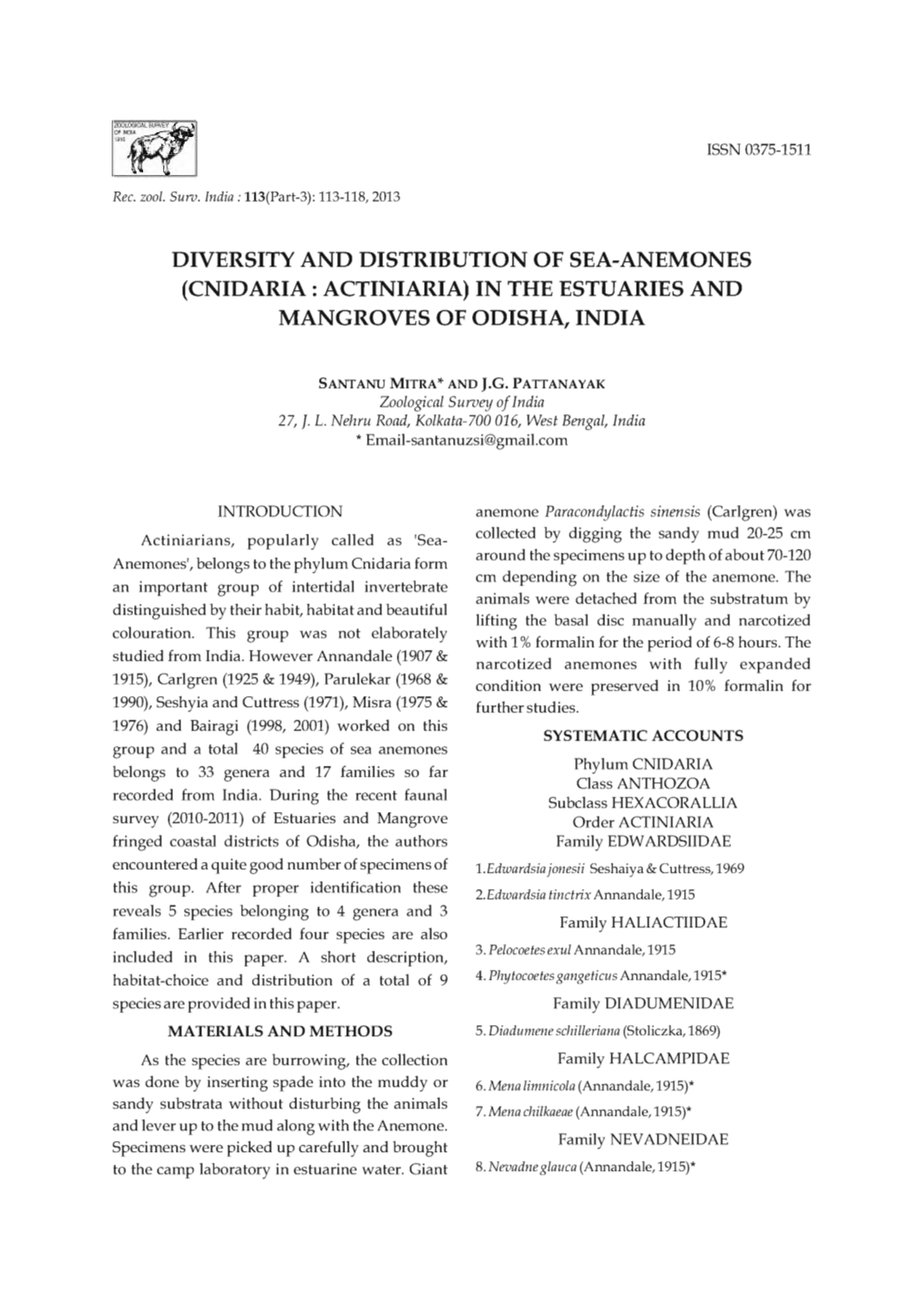 Diversity and Distribution of Sea-Anemones (Cnidaria : Actiniaria) in the Estuaries and Mangroves of Odisha, India