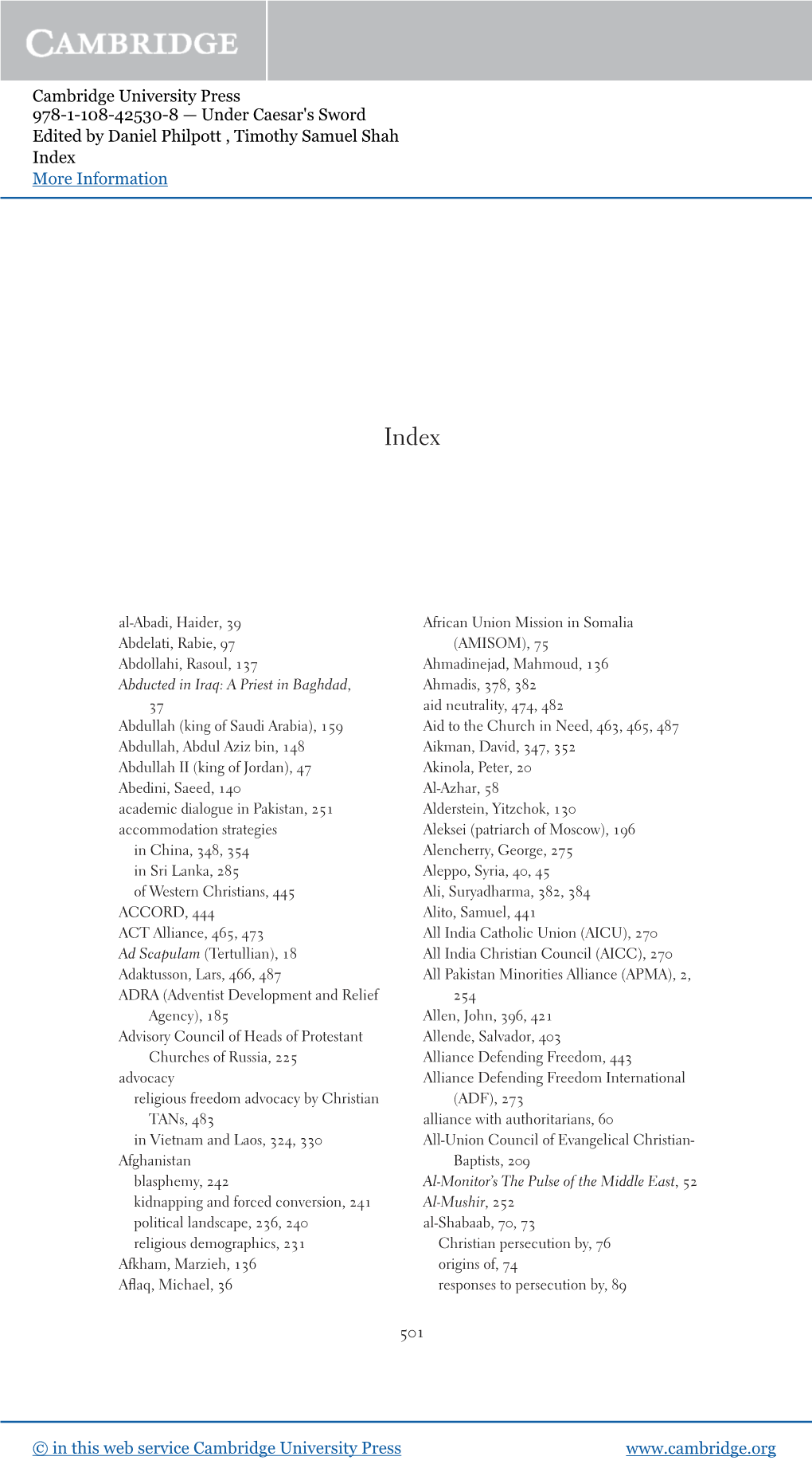 Cambridge University Press 978-1-108-42530-8 — Under Caesar's Sword Edited by Daniel Philpott , Timothy Samuel Shah Index More Information