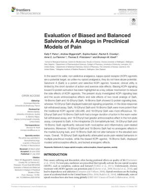 Evaluation of Biased and Balanced Salvinorin a Analogs in Preclinical Models of Pain