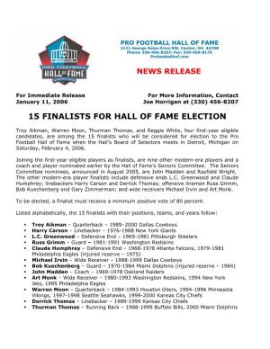 15 Finalists for Hall of Fame Election