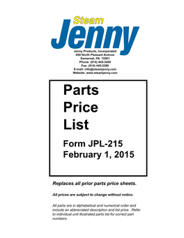 Parts Price List Form JPL-215 February 1, 2015