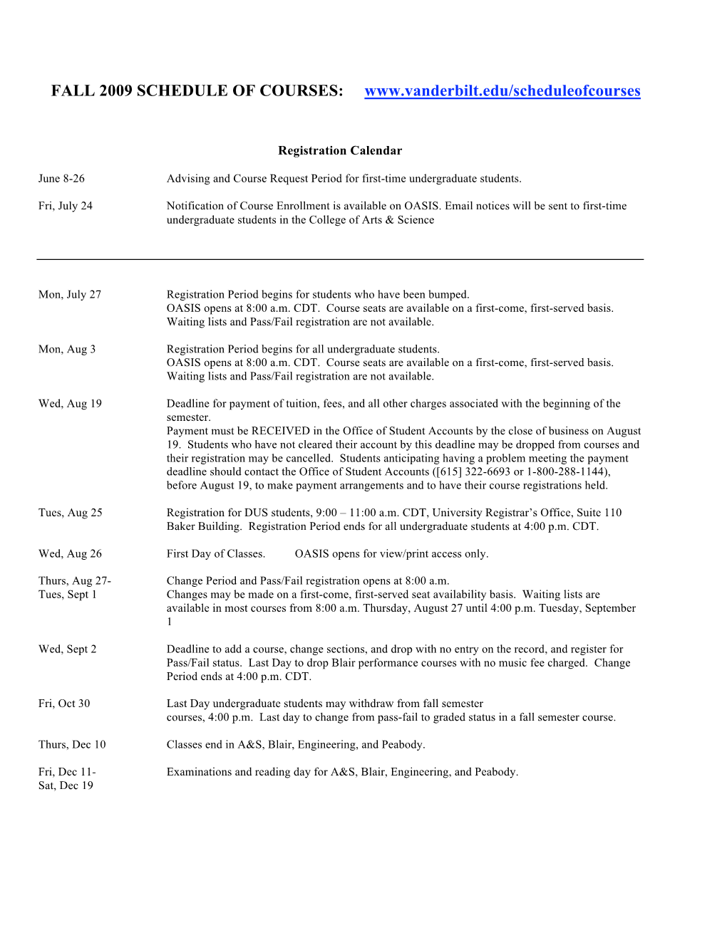 Fall 2009 Schedule of Courses