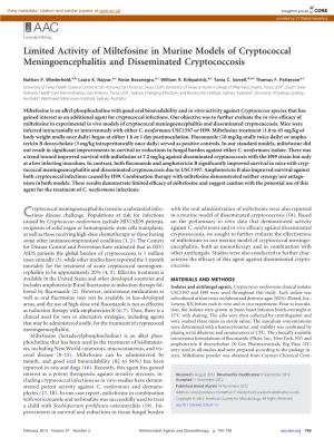 Limited Activity of Miltefosine in Murine Models of Cryptococcal Meningoencephalitis and Disseminated Cryptococcosis