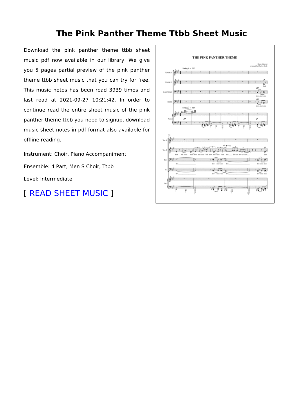 The Pink Panther Theme Ttbb Sheet Music