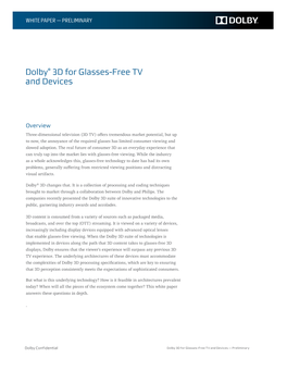 Dolby 3D for Glasses-Free TV and Devices — Preliminary Table of Contents