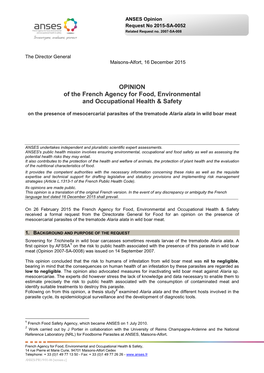 AFSSA1 on the Risk to Public Health Associated with the Presence of This Parasite in Wild Boar Meat (Opinion 2007-SA-0008) Was Issued on 14 September 2007