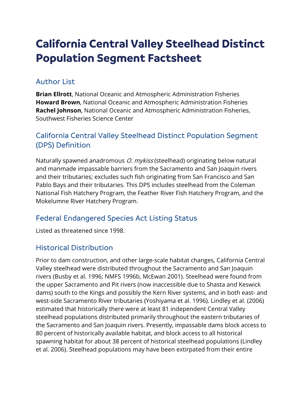 California Central Valley Steelhead Distinct Population Segment Factsheet