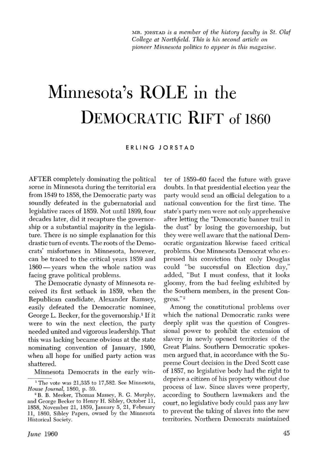 Minnesota's Role in the Democratic Rift of 1860