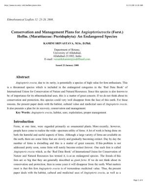 Conservation and Management Plans for Angiopteris Evecta (Forst.) Hoffm
