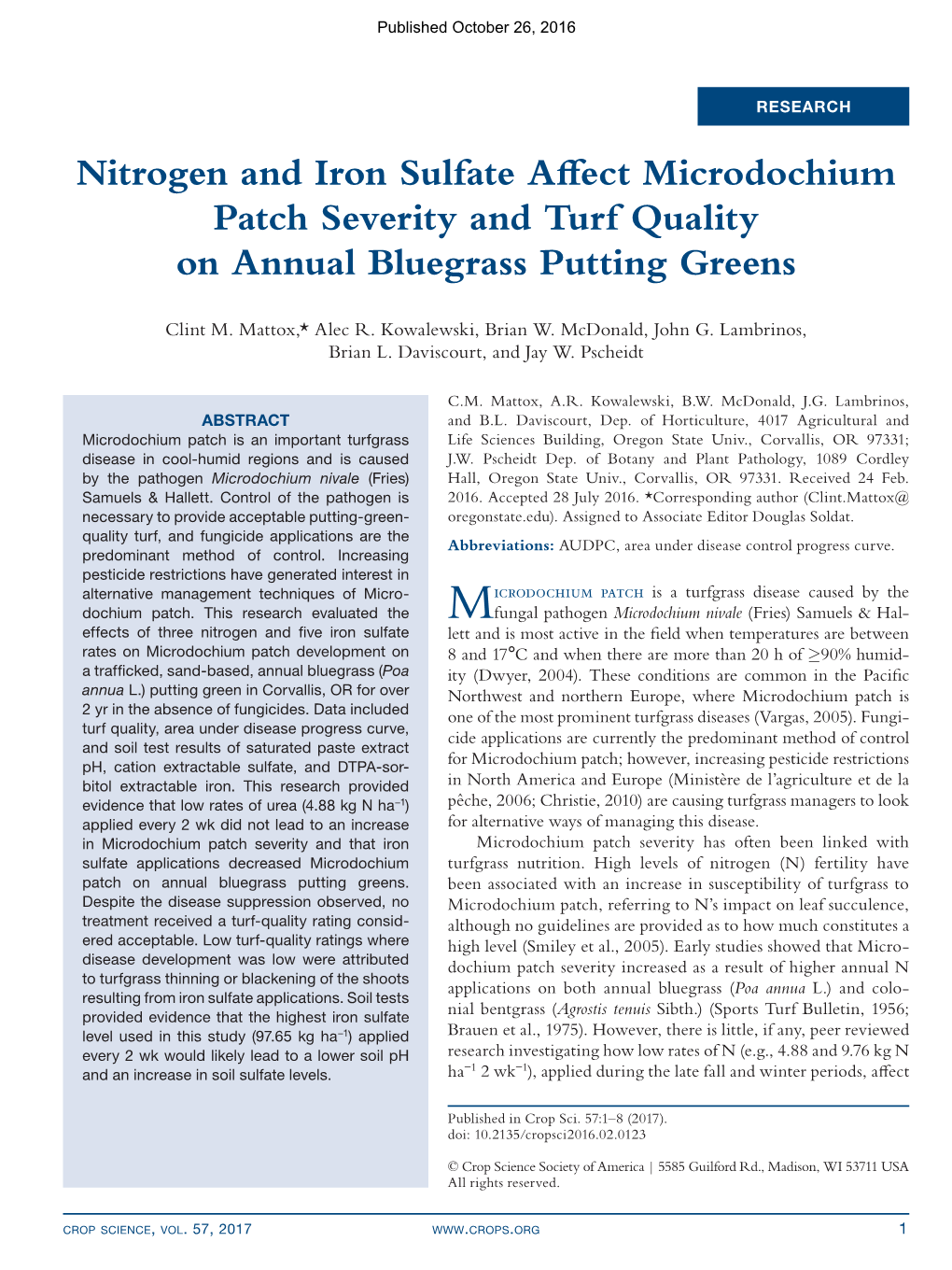 Nitrogen and Iron Sulfate Affect Microdochium Patch Severity and Turf Quality on Annual Bluegrass Putting Greens