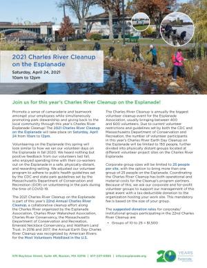 2021 Charles River Cleanup on the Esplanade Saturday, April 24, 2021 10Am to 12Pm