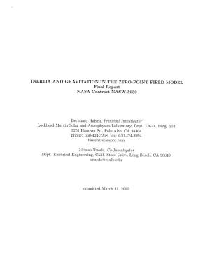 INERTIA and GRAVITATION in the ZERO-POINT FIELD MODEL Final Report NASA Contract NASW-5050