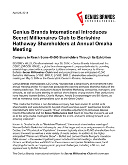Genius Brands International Introduces Secret Millionaires Club to Berkshire Hathaway Shareholders at Annual Omaha Meeting