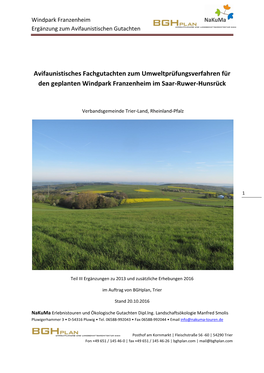 Windpark Franzenheim Ergänzung Zum Avifaunistischen Gutachten