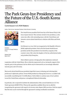 The Park Geun-Hye Presidency and the Future of the US-South Korea