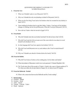 QUESTIONS for PARSHAT VAYIGASH 5775 by Rabbi Edward Davis I