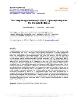 Two Deep-Living Rhodaliids (Cnidaria, Siphonophora) from the Mid-Atlantic Ridge