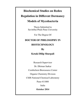 Biochemical Studies on Redox Regulation in Different Dormancy Models of Mycobacteria