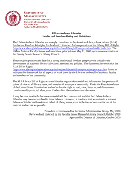 Umass Amherst Libraries Intellectual Freedom Policy and Guidelines The