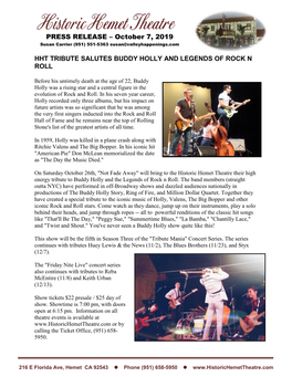 Hht Tribute Salutes Buddy Holly and Legends of Rock N Roll
