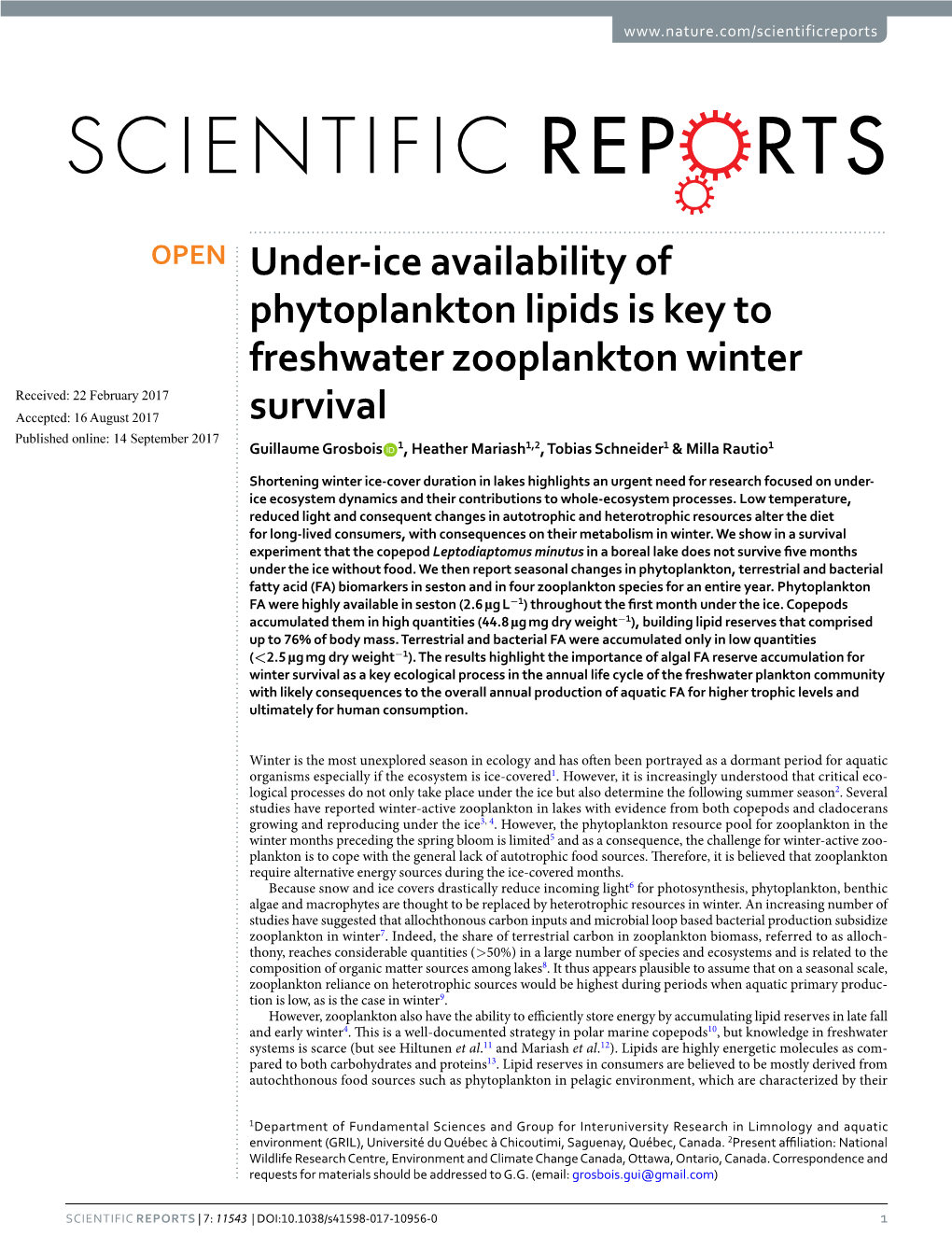 Under-Ice Availability of Phytoplankton Lipids Is Key to Freshwater