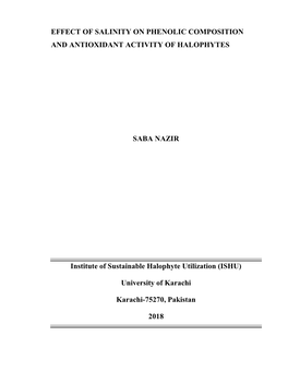 EFFECT of SALINITY on PHENOLIC COMPOSITION and ANTIOXIDANT ACTIVITY of HALOPHYTES SABA NAZIR Institute of Sustainable Halophyte