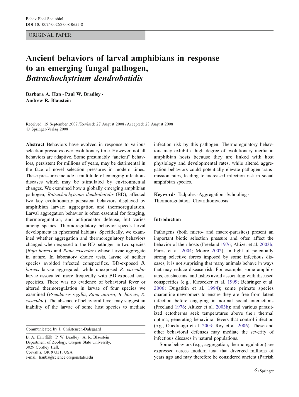 Ancient Behaviors of Larval Amphibians in Response to an Emerging Fungal Pathogen, Batrachochytrium Dendrobatidis